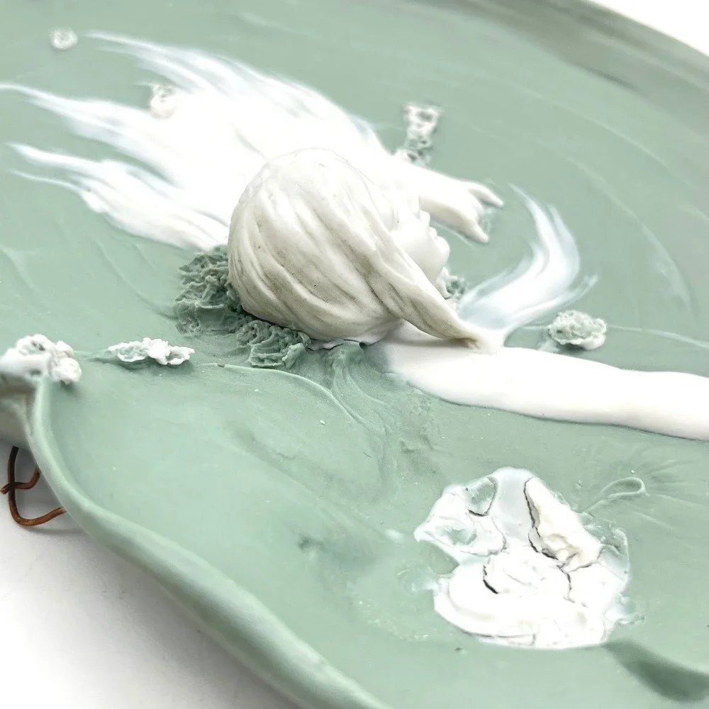 Art Nouveau Ceramic Maiden Lily Pad Tray Sage Green White Sculptural Relief 8.5